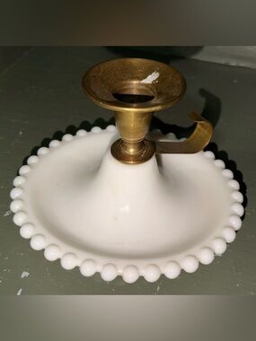 Milk Glass Candle Holder with Brass Accent - White
